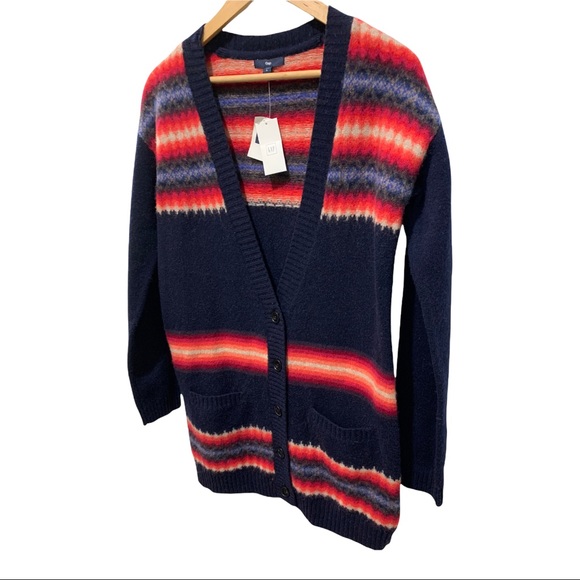 GAP DARK NAVY V-NECK AZTEC BOHO LAMBSWOOL BLEND LS CARDIGAN SWEATER - Picture 3 of 16